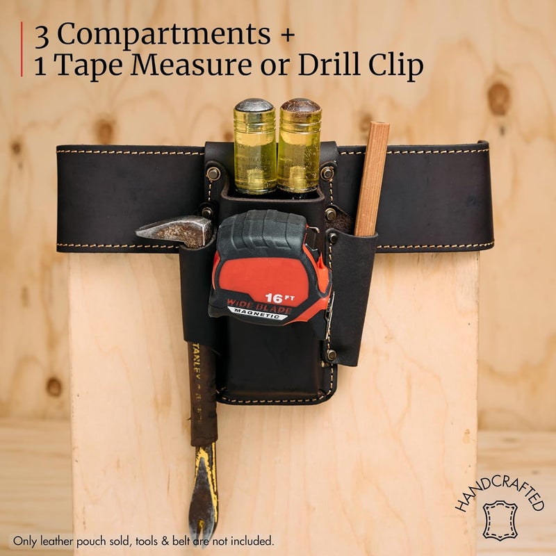 fesa Small Leather Tool Pouch - 4-in-1 Heavy Top Grain Leather Small Tool Pouch with a Tape Measure Holder, 3 Pockets & Reinforced Heavy Duty Rivets - Fits Belts up to 3" - Handcrafted - Image 3